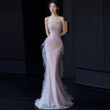 Sexy Mermaid Strapless Neckline Sequin Long Floor Length Pearls Prom Dresses HZ1022