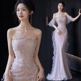 Sexy Mermaid Strapless Neckline Sequin Long Floor Length Pearls Prom Dresses HZ1022