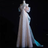 Modest A line Off The Shoulder Pink Sequin Long Floor Length Pearls Prom Dresses HZ1022