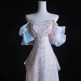 Modest A line Off The Shoulder Pink Sequin Long Floor Length Pearls Prom Dresses HZ1022