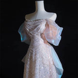 Modest A line Off The Shoulder Pink Sequin Long Floor Length Pearls Prom Dresses HZ1022