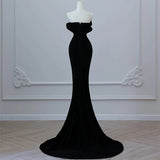 Modest Mermaid Strapless Black Long Floor Length Beads Prom Dresses HZ1022