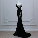 Modest Mermaid Strapless Black Long Floor Length Beads Prom Dresses HZ1022