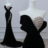 Modest Mermaid Strapless Black Long Floor Length Beads Prom Dresses HZ1022