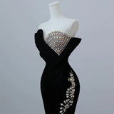 Modest Mermaid Strapless Black Long Floor Length Beads Prom Dresses HZ1022