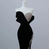 Modest Mermaid Strapless Black Long Floor Length Beads Prom Dresses HZ1022