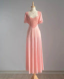 Retro Pink Long Bridesmaid Dress Lace Prom Dresses HZ1022