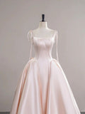 Light Pink Satin Spaghetti Strap Long Prom Dress, Beautiful Evening Dress with Bow HZ1022