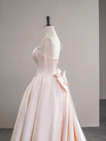 Light Pink Satin Spaghetti Strap Long Prom Dress, Beautiful Evening Dress with Bow HZ1022