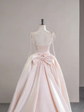 Light Pink Satin Spaghetti Strap Long Prom Dress, Beautiful Evening Dress with Bow HZ1022