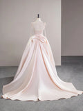 Light Pink Satin Spaghetti Strap Long Prom Dress, Beautiful Evening Dress with Bow HZ1022