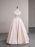 Light Pink Satin Spaghetti Strap Long Prom Dress, Beautiful Evening Dress with Bow HZ1022