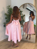 Cute A line Straps Pink Satin Tea Length Prom Dress With Bow HZ1022