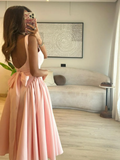 Cute A line Straps Pink Satin Tea Length Prom Dress With Bow HZ1022