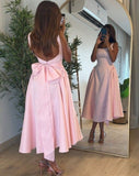 Cute A line Straps Pink Satin Tea Length Prom Dress With Bow HZ1022