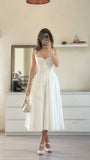 Cute A line Straps White Chiffon Tea Length Prom Dresses Summer Birthday Dress HZ1022