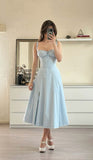 Cute A line Straps Blue Tea Length Prom Dresses Summer Birthday Dress HZ1022