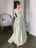 Cute A line Strapless Long Length Mint Green Prom Dresses Satin Birthday Dress HZ1022