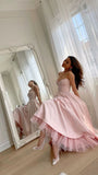 Simple A line Spaghetti Straps Pink Satin Prom Dresses Tea Length Birthday Dress HZ1022