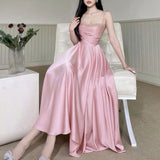 Pretty A line Spaghetti Straps Pink Satin Prom Dresses Birthday Outfits With Beads HZ1022