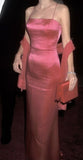 Sexy Sheath Spaghetti Straps Pink Satin Long Prom Dress Birthday Outfits With Ribbon HZ1022