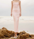 Sexy Sheath Strapless Pink Satin Long Prom Dress Birthday Outfits With Bowknot HZ1022