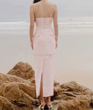 Sexy Sheath Strapless Pink Satin Long Prom Dress Birthday Outfits With Bowknot HZ1022