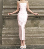 Sexy Sheath Strapless Pink Satin Long Prom Dress Birthday Outfits With Bowknot HZ1022