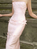 Sexy Sheath Strapless Pink Satin Long Prom Dress Birthday Outfits With Bowknot HZ1022