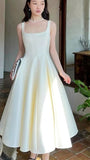 Modest A line Square Neckline Tea Length Satin Ivory Prom Dresses Birthday Outfits HZ1022