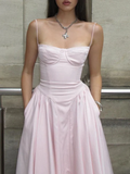 Modest A line Spaghetti Straps Pink Satin Prom Dresses Birthday Outfits HZ1022