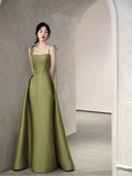 Simple A line Olive Green Long Satin Prom Dresses With Ruffles HZ1022