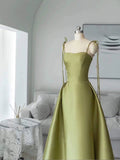 Simple A line Olive Green Long Satin Prom Dresses With Ruffles HZ1022