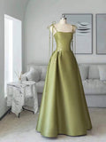 Simple A line Olive Green Long Satin Prom Dresses With Ruffles HZ1022