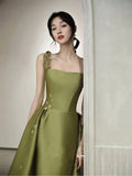 Simple A line Olive Green Long Satin Prom Dresses With Ruffles HZ1022
