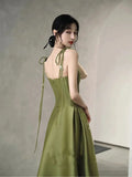 Simple A line Olive Green Long Satin Prom Dresses With Ruffles HZ1022