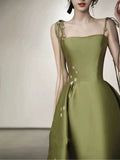 Simple A line Olive Green Long Satin Prom Dresses With Ruffles HZ1022