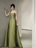 Simple A line Olive Green Long Satin Prom Dresses With Ruffles HZ1022