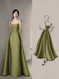 Simple A line Olive Green Long Satin Prom Dresses With Ruffles HZ1022