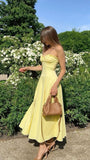 Modest A line Sweetheart Yellow Chiffon Slit Prom Dresses Birthday Outfits HZ1022
