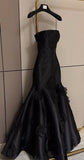 Pretty Mermaid Strapless Black Long Satin Prom Dresses With Flowers HZ1022