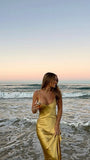Simple Sheath Spaghetti Straps Yellow Satin Long Prom Dress Birthday Outfits HZ1022