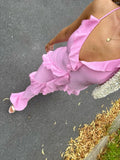Pretty Sheath Spaghetti Straps Pink Long Chiffon Prom Dresses With Ruffles HZ1022