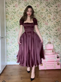Simple A line Square Neckline Short Sleeves Satin Prom Dresses Birthday Outfits HZ1022