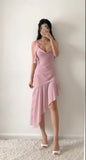 Pretty Sheath Spaghetti Straps Pink Chiffon Prom Dresses With Ruffles HZ1022