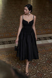 Simple A line Spaghetti Straps Black Satin Prom Dresses Birthday Outfits HZ1022