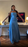 Simple A line Spaghetti Straps Blue Satin Prom Dresses Birthday Outfits HZ1022