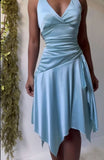 Simple A line V Neckline Blue Satin Prom Dresses Birthday Outfits HZ1022