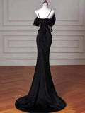 Sexy Mermaid Spaghetti Straps Black Long Formal Dress Satin Prom Dress HZ1022