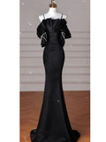 Sexy Mermaid Spaghetti Straps Black Long Formal Dress Satin Prom Dress HZ1022